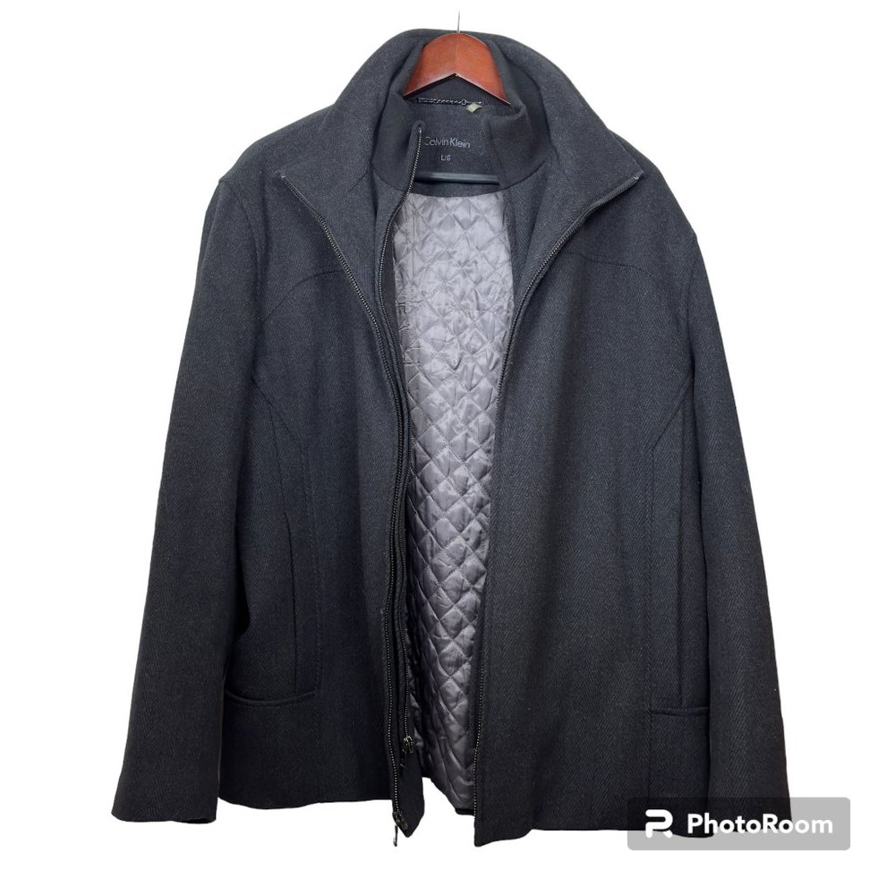 Calvin Klein Black Wool Blend Dress Coat, Size L wool coat Wool tweed